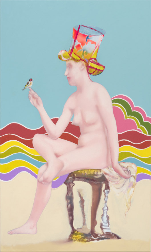 Alessandro Pessoli Figura del cardellino, 2023 Oil, colored pencils, spray paint, pencils, on canvas 41 x 68 in 104.1 x 172.7 cm (APE23.003)