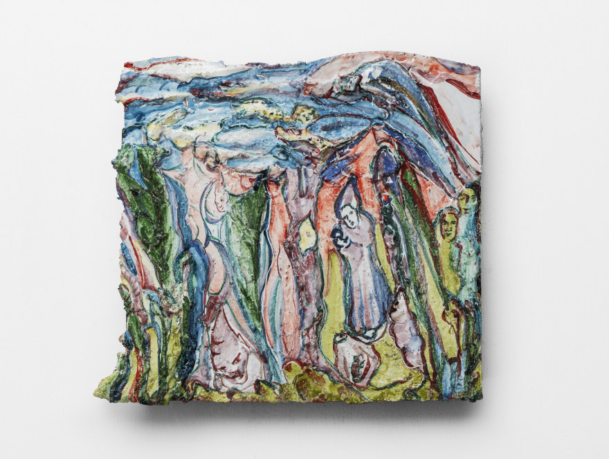 Lola Montes Aiolos, 2022 Hand-painted terracotta relief, mounted on aluminum backing 15 1/2 x 17 1/4 x 2 1/2 in 39.4 x 43.8 x 6.3 cm (LMO22.045)