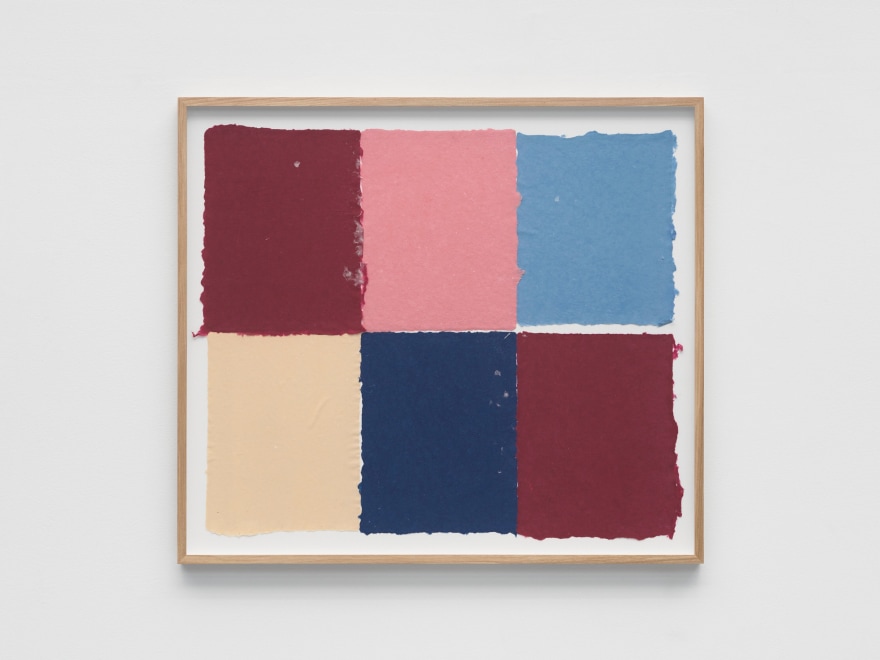Ethan Cook Reds, blues, pink, alabaster, 2022 Handmade pigmented paper 24 3/4 x 28 in - framed 62.9 x 71.1 cm - framed (ECO22.038)