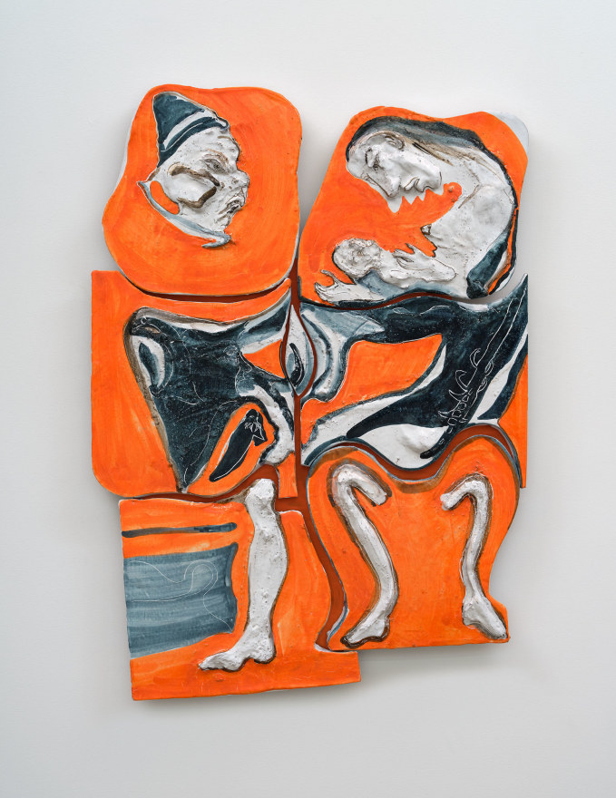 Lola Montes Orange peace dismantled by cells before unity, 2022 Hand-painted terracotta tiles, mounted on aluminum backing 42 1/2 x 30 x 2 1/2 in 108 x 76.2 x 6.3 cm (LMO22.031)