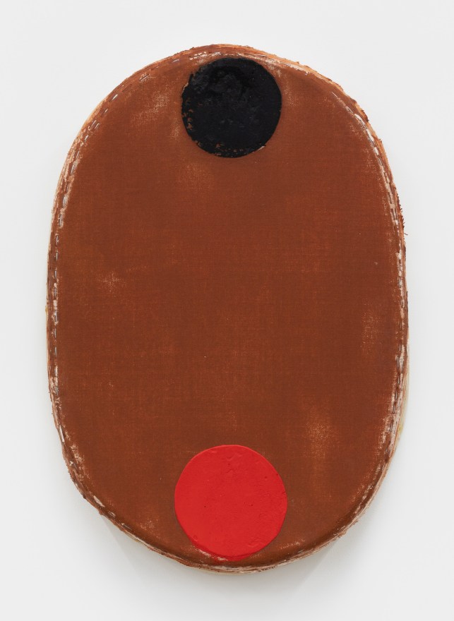 Otis Jones Brown with One Red and One Black Circle, 2021 Acrylic on linen on wood 21 1/2 x 14 1/2 x 3 in 54.6 x 36.8 x 7.6 cm (OJO21.006)