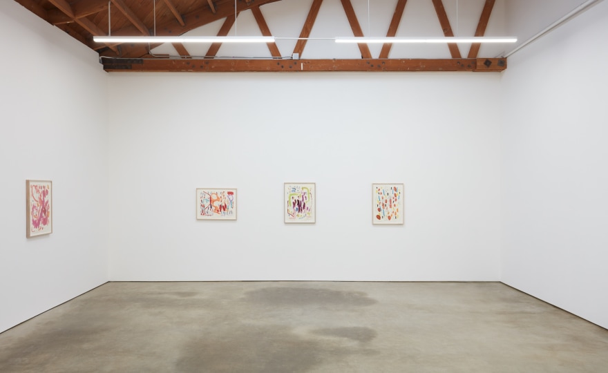 Installation View of Untitled Pink Drawing, Blue Drawing, Green and Purple Drawing, and Orange and Blue Drawing