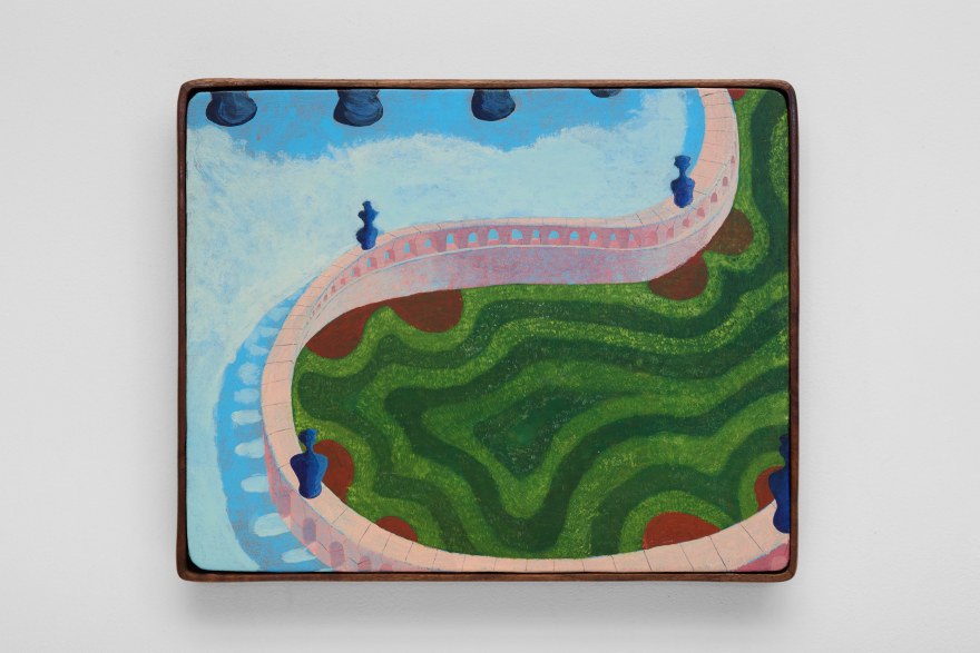 Karel Dicker Swimming Pond, 2025 Acrylic on Belgian linen with American walnut frame 13 3/4 x 17 in 34.9 x 43.2 cm (KDI25.013)