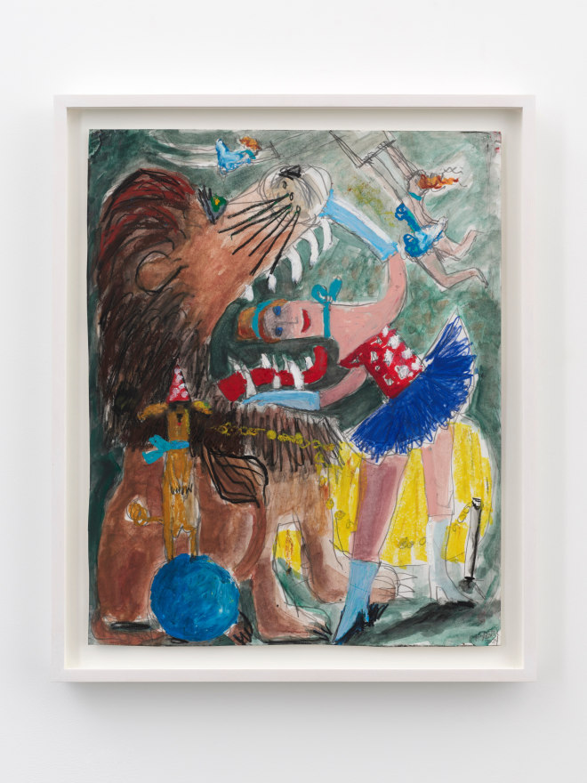 Kyle Staver Lion Tamer, 2024 Watercolor on paper 18 1/2 x 22 1/2 in (framed) 47 x 57.1 cm (framed) (KST24.025)