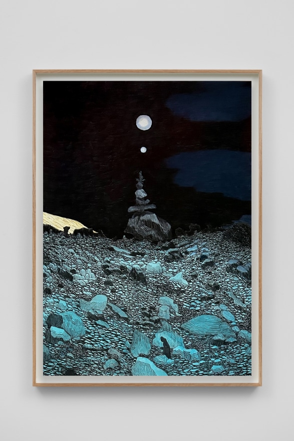 Per Adolfsen The Moon, Venus and Olivers Lava Stone Tower, Lanzarote, 2024 Signed, titled, and dated on verso Colored pencil and chalk on Hahnemühle paper 35 1/8 x 25 5/8 in (framed) 89.2 x 65 cm (framed) (PAD24.086)