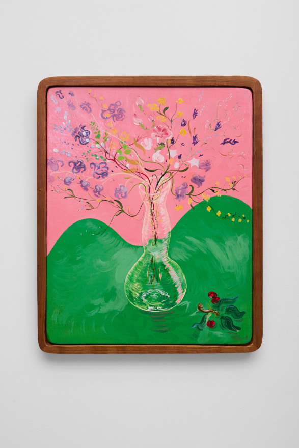 Karel Dicker Pink Room Green Table, 2025 Acrylic on Belgian linen with Dutch cherry frame 21 1/2 x 17 1/4 in 54.6 x 43.8 cm (KDI25.002)