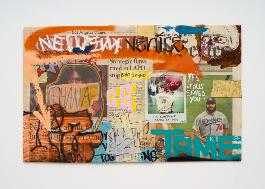 Jayme Burtis Ohana, 2020 Acrylic, spray paint, pencil, and masking tape on newspaper 21 1/8 x 14 3/8 x 1 1/2 in (framed) 53.7 x 36.5 x 3.8 cm (framed) (JBU22.006)