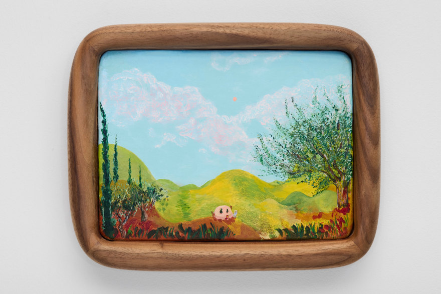 arel Dicker Olive Trees and a Table, 2025 Acrylic on cotton with American walnut frame 10 1/4 x 12 5/8 in 26 x 32 cm (KDI25.010)