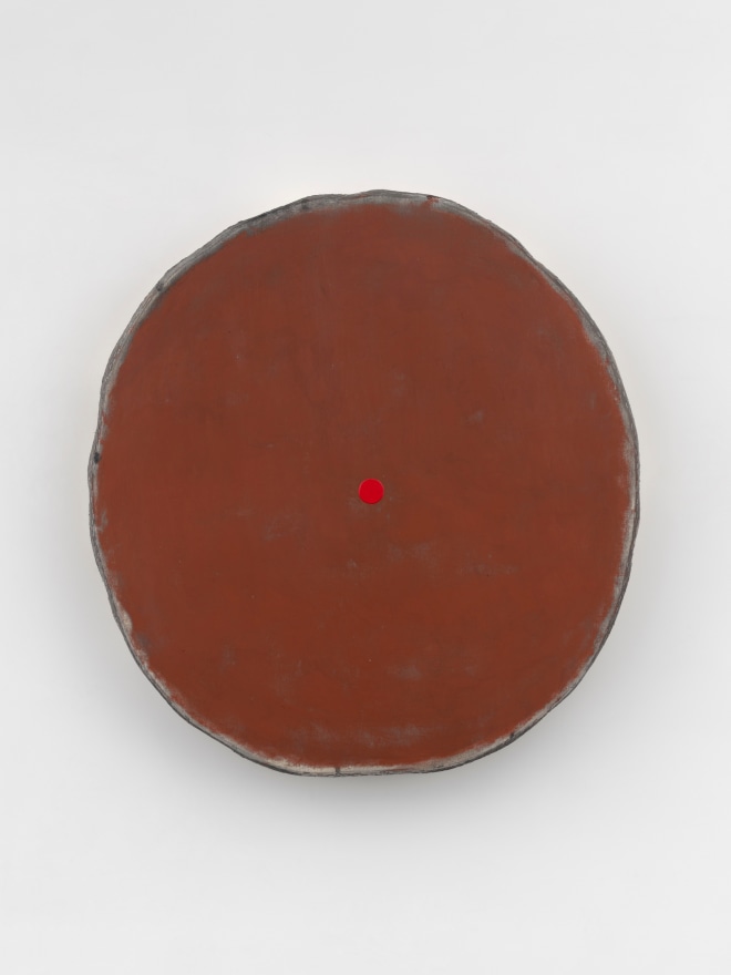 Otis Jones Red Oxide with Red Circle Black Edge, 2023 Signed, titled, and dated on verso Acrylic on linen on wood 47 x 44 x 5 in 119.4 x 111.8 x 12.7 cm (OJO25.001)