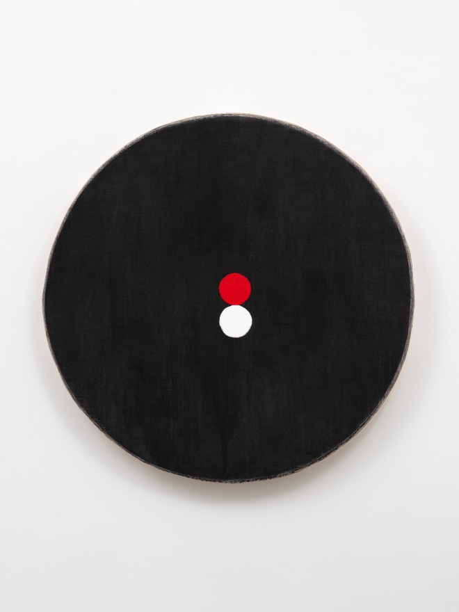 Otis Jones Black Circle With Red and White Circles, 2024 Acrylic on linen on wood 57 1/2 x 56 1/2 x 5 in 146.1 x 143.5 x 12.7 cm (OJO24.014)