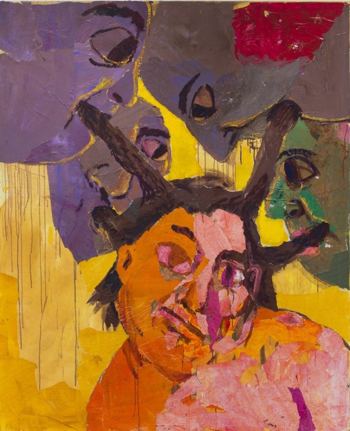 Shanee Roe Pulling Thoughts, Chewing Hairs, 2025 Acrylic, collage and oil on canvas 74 3/4 x 61 in 190 x 155 cm (SRO25.006)