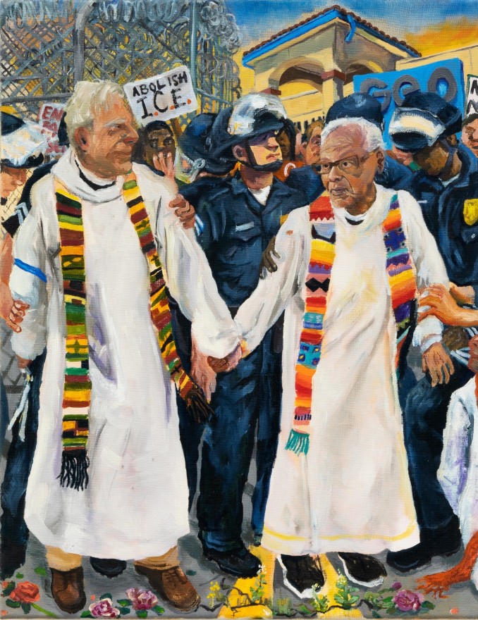 Celeste Dupuy-Spencer, The Border (Father Tom Carey and Father Richard Estrada of Epiphany), 2020. Oil on linen, 18 x 14 in, 45.7 x 35.6 cm (CDS20.006)