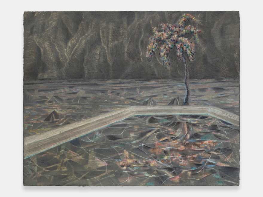 Marin Majic Pool with palm, 2021 Colored pencil, oil color, marble dust on linen 16 x 20 in 40.6 x 50.8 cm (MMA22.011)
