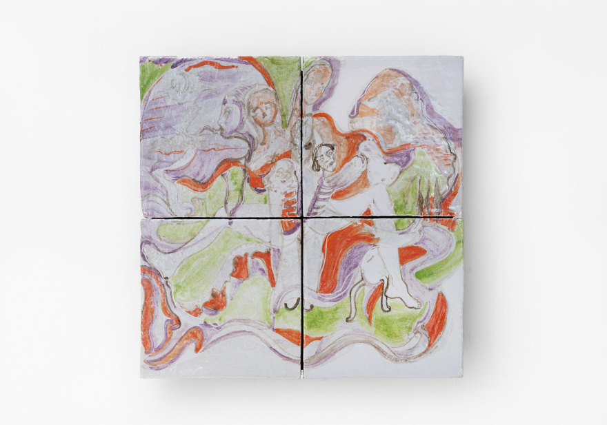 Lola Montes Lilac Three, 2022 Hand-painted terracotta tiles, mounted on aluminum backing 15 3/4 x 15 3/4 x 2 in 40 x 40 x 5.1 cm (LMO22.063)