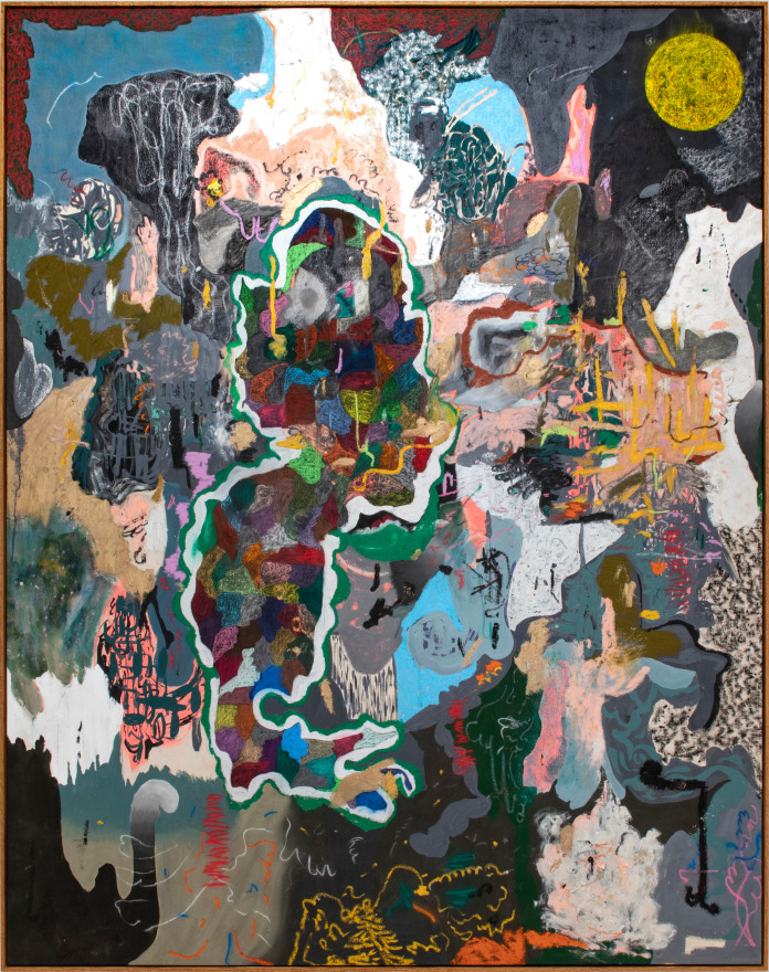 Michael Bauer Grey Cave - Yellow Moon, 2019 Oil, crayon, pastel and acrylic on canvas 75 x 60 in 190.5 x 152.4 cm (MB19.013)
