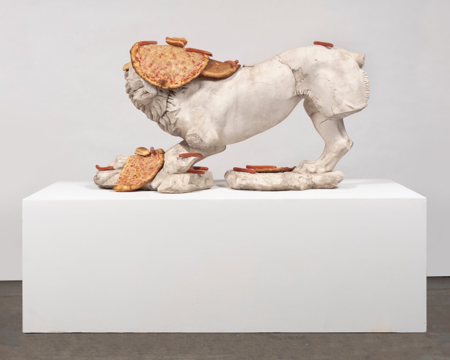 Tony Matelli Lion (Pizza), 2019 Glass fiber reinforced concrete, marble dust, mineral pigments, stainless steel, cast urethane, paint 33 x 61 x 16 in