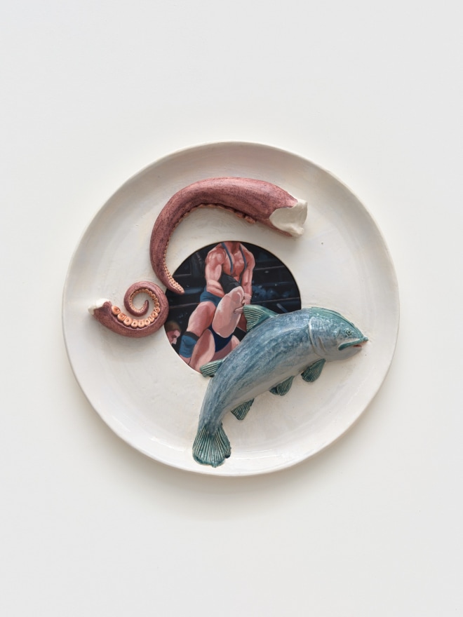 Stephanie Temma Hier Banquet for Tantalus VII, 2023 Oil on linen with glazed earthenware sculpture 25 x 25 x 5 in 63.5 x 63.5 x 12.7 cm (SHI23.026)