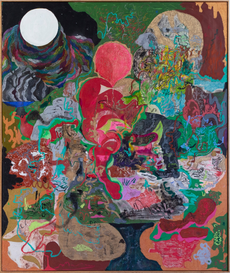 Michael Bauer Green Shelter &amp; Moon, 2019 Oil, crayon, pastel and acrylic on canvas 73 x 61 in 185.4 x 154.9 cm (MB19.002)