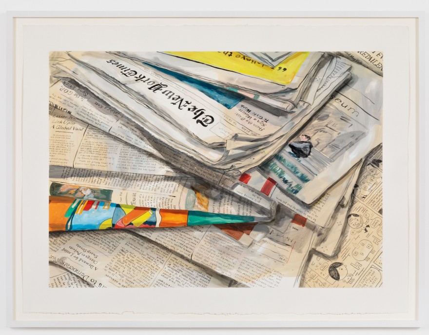 Rebecca Ness, Newspapers II, 2020. Gouache and pencil on paper, 22 x 30 in, 55.9 x 76.2 cm, 24 5/8 x 32 3/4 in (framed), 62.5 x 83.2 cm (RNE20.020)