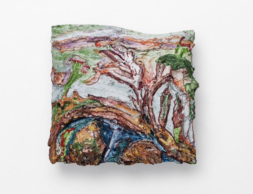 Lola Montes La Terra trema, 2022 Hand painted terracotta relief, mounted on aluminum backing 15 1/2 x 16 1/2 x 3 1/2 in 39.4 x 41.9 x 8.9 cm (LMO22.041)