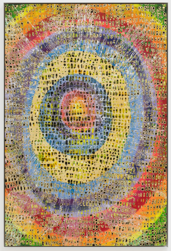 Mindy Shapero, Midnight portal scar, silver radiating out with gold and all colors, 2020. Acrylic, spray paint, gold and silver leaf on paper, 44 x 29 3/4 in, 111.8 x 75.6 cm (MS20.018)