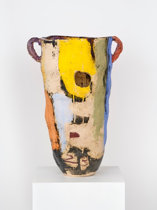 Roger Herman, Tall vase, 2 top handles, yellow, 2023