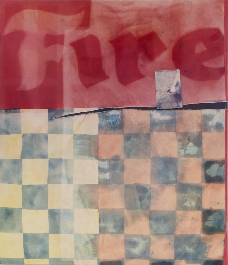 Nicolas Shake Fire (checkered, tear and patch), 2023 Dye and cotton thread on canvas, weathered and laundered 84 x 72 in 213.4 x 182.9 cm (NSH23.005)