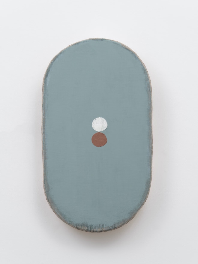 Otis Jones Green Shape With White and Brown Circles, 2024 Signed, titled, and dated on verso Acrylic on linen on wood 36 1/4 x 21 x 5 in 92.1 x 53.3 x 12.7 cm (OJO24.008)