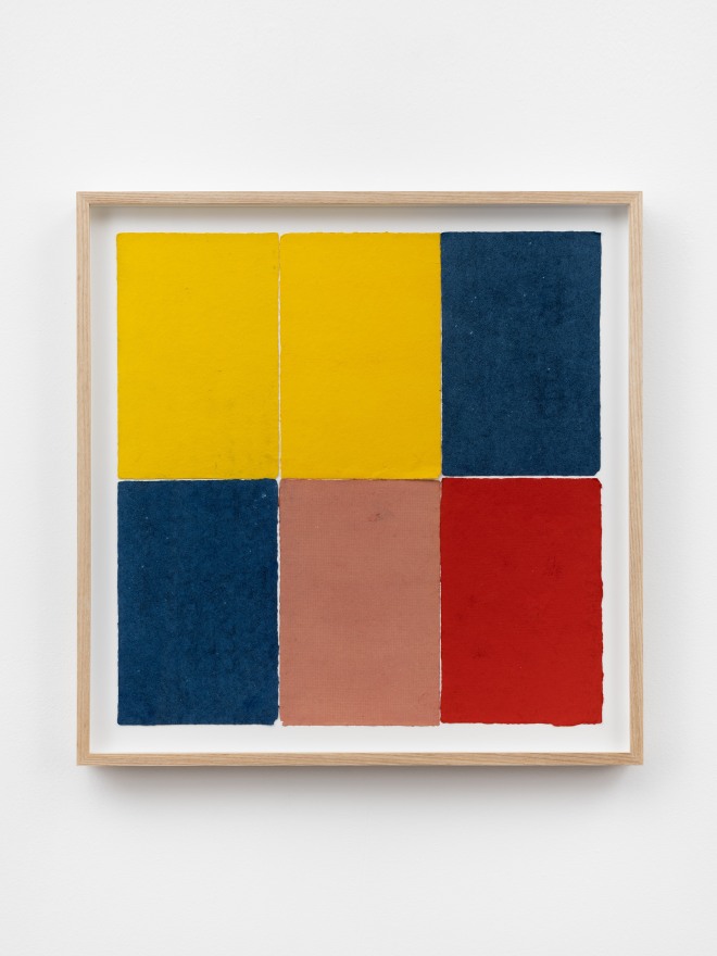 Ethan Cook, Two blues, two yellows, pink, red, 2020. Handmade pigmented paper 19 3/4 x 19 1/2 in, 50.2 x 49.5 cm (ECO20.054)