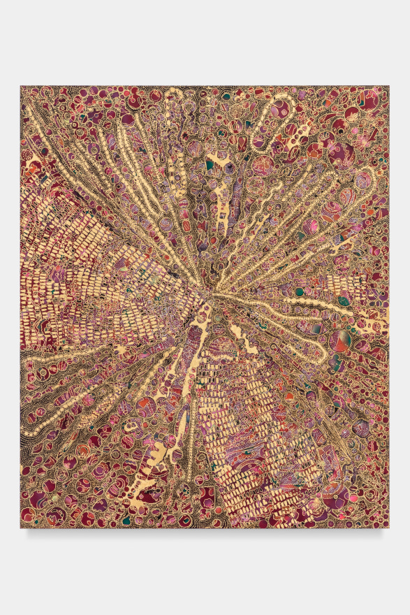 Mindy Shapero Portal Scar, swallowed it whole, 2023 Acrylic, gold and silver leaf on linen 72 x 60 in 182.9 x 152.4 cm (MS23.015)