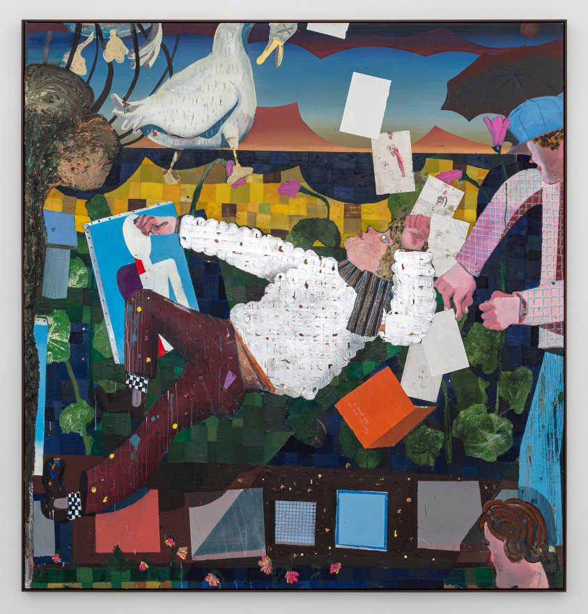 Pieter Jennes what kind of men become wild geese, 2022 Oil, mirrors and collage on canvas 78 3/4 x 74 3/4 in 200 x 190 cm (PJE22.036)