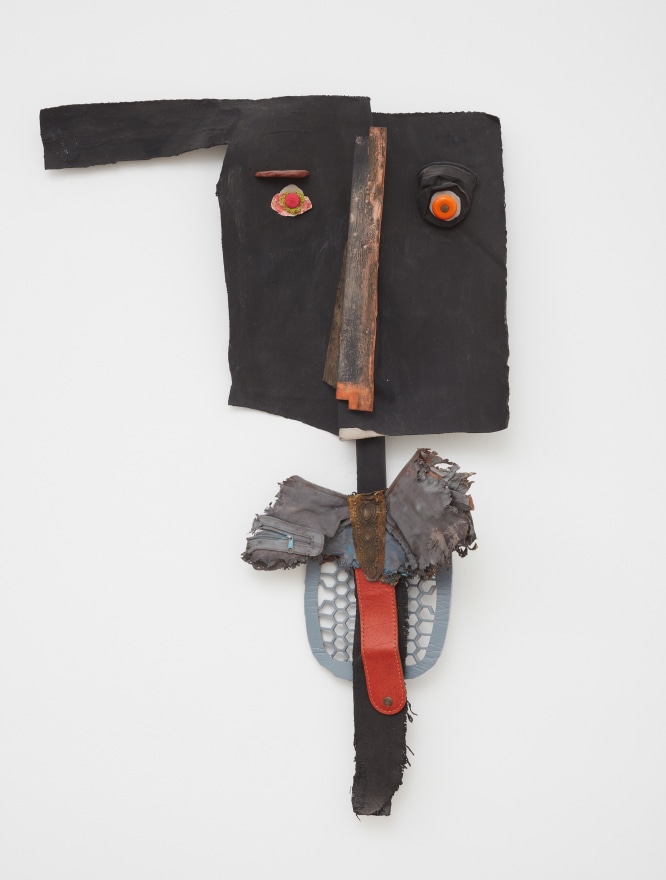 Blair Saxon-Hill Are You Asleep? Poem of Force, 2018 Canvas, fiber reinforced plaster, stage paint, gouache, stick, ceramic, wood, metal, 90&rsquo;s purse shard, leather strap, plastic, burlap, polystyrene pad, early 20th c. brass plate, tin can, handle, button, lichen 37 x 25 x 8 in 94 x 63.5 x 20.3 cm (BSH18.041)