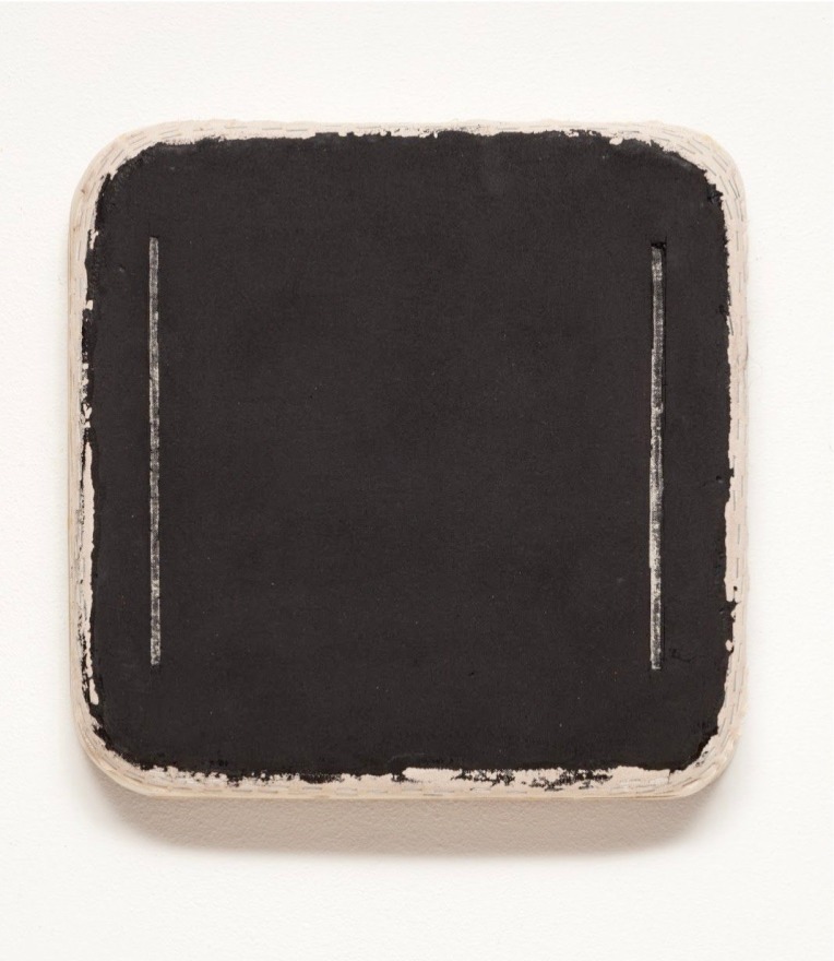 Otis Jones, Black Square Two White Lines 2019 Acrylic on canvas on wood 24.0 x 24.0 x 2.75 in (61.0 x 61 x 7 cm)