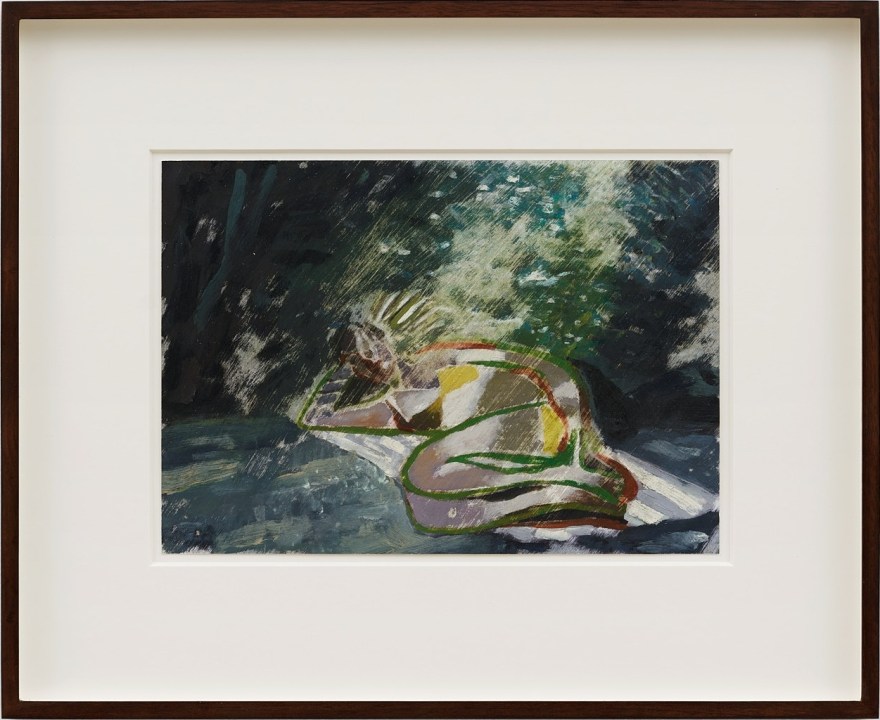 Jonathan Wateridge Sunbather in Shade, 2022 Oil on paper 15 x 18 1/2 x 1 5/8 in (framed) 38 x 47 x 4 cm (framed) (JWA22.061)