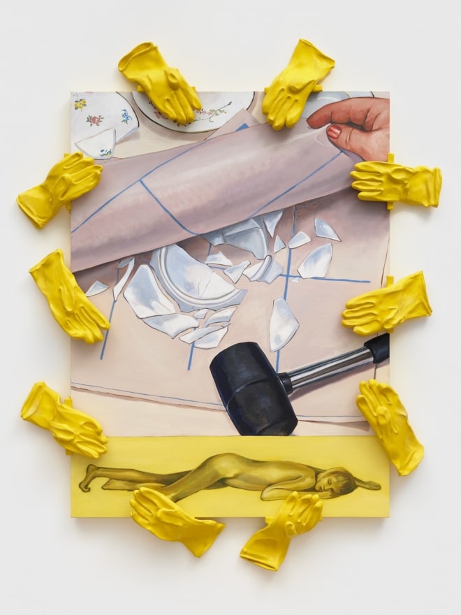 Stephanie Temma Hier Clean Gloves hide dirty hands, 2023 Oil on linen with glazed stoneware sculpture 62 x 28 x 5 in 157.5 x 71.1 x 12.7 cm (SHI23.010)