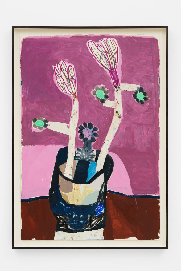 M&ograve;nica Subid&eacute; Pink and green daisies, 2021 Oil, collage and watering pencil on paper 43 3/4 x 29 7/8 in 111 x 76 cm 47 1/4 x 33 1/8 in (framed) 120 x 84 cm (framed) (MSU22.025)