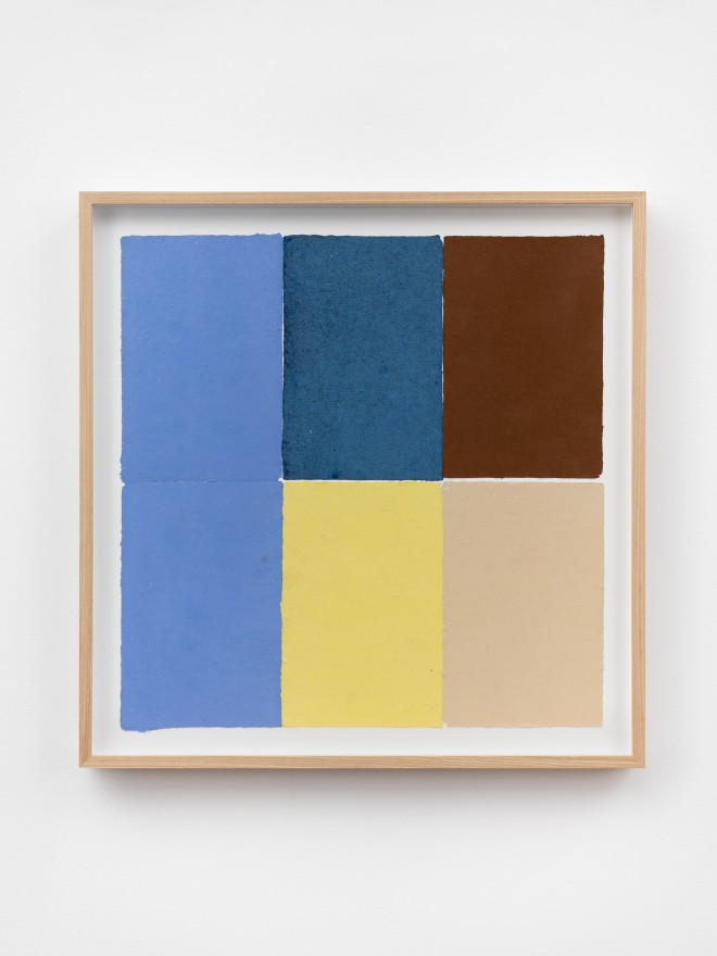 Ethan Cook, Two periwinkles, blue, yellow, brown, tan, 2020. Handmade pigmented paper 19 3/4 x 19 1/2 in, 50.2 x 49.5 cm (ECO20.051)