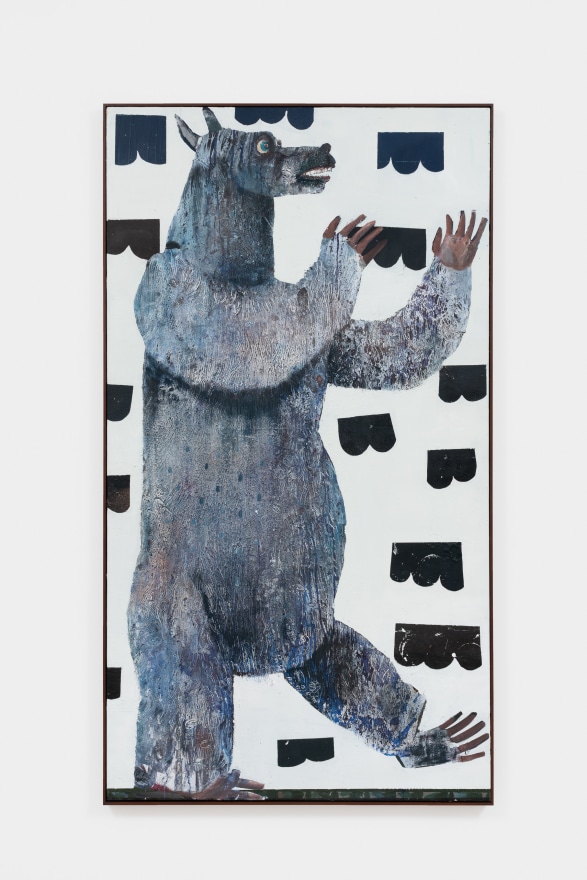 Pieter Jennes Can a hungry bear dance, 2019 Oil on canvas 75 3/4 x 42 1/4 x 1 3/4 in - framed 92.4 x 107.3 x 4.4 cm - framed&nbsp; (PJE22.022)