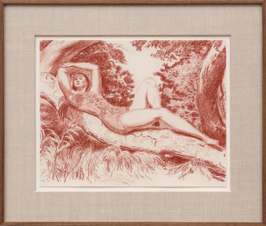 Jansson Stegner Lucia Reclining on Tree, 2023 Chalk on paper 17 x 20 x 1 1/2 in (framed) 43.2 x 50.8 x 3.8 cm (framed) (JAS23.023)