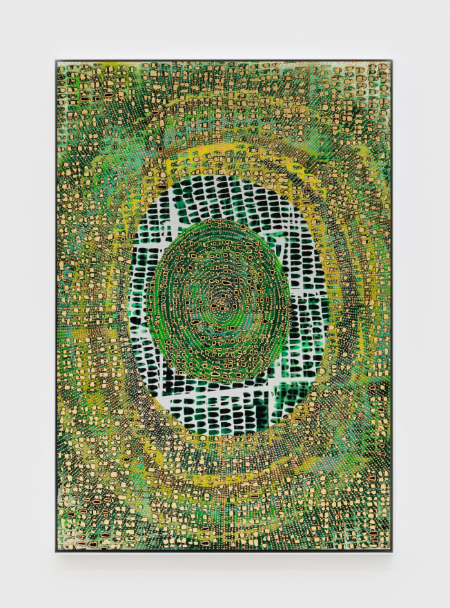 Mindy Shapero Scar of Midnight Portal (life green, rings inside, radiating out), 2021 Spray paint, acrylic, gold, copper, and silver leaf on paper 44 3/4 x 30 3/4 x 1 1/2 in 113.7 x 78.1 x 3.8 cm (MS21.009)