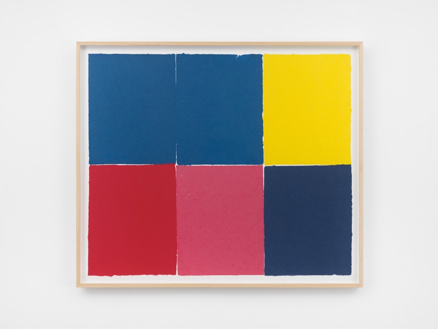 Ethan Cook, Three blues, red, pink, yellow, 2020. Handmade pigmented paper 31 x 36 1/4 in, 78.7 x 92.1 cm (ECO20.020)