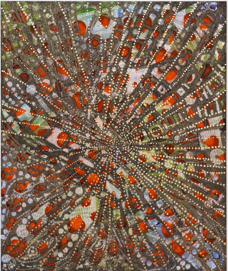 Mindy Shapero Portal Scar, cosmic body parts, 2024 Acrylic, gold and silver leaf on linen 60 x 72 in 152.4 x 182.9 cm (MS24.010)