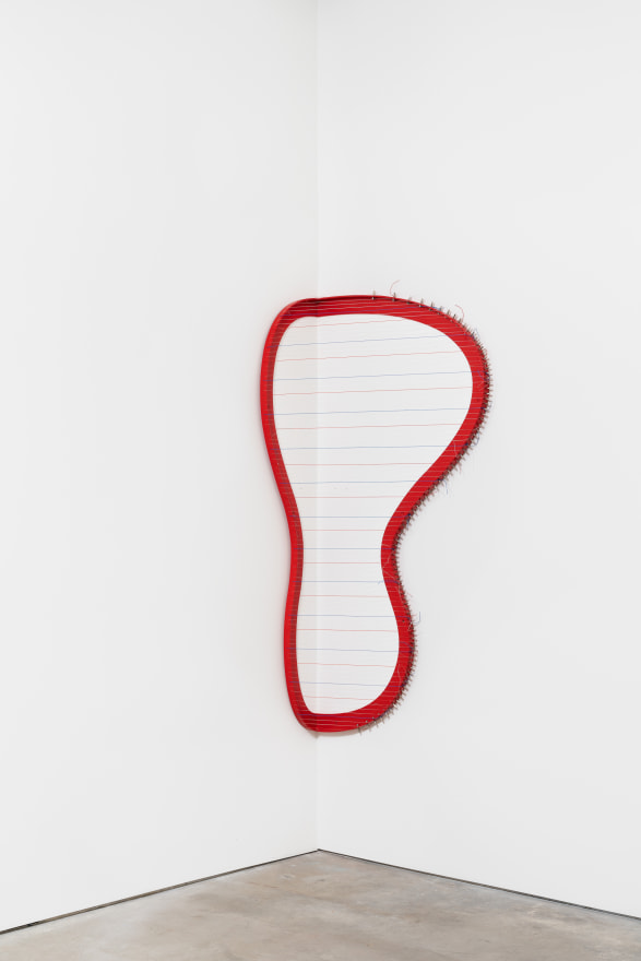 Nevin Aladağ Resonating Space (Corner Harp, red), 2021 Powder coated steel, colored red, harp mechanism, strings 74 3/8 x 35 1/8 x 14 5/8 in 189 x 89 x 37 cm (NAL21.009)