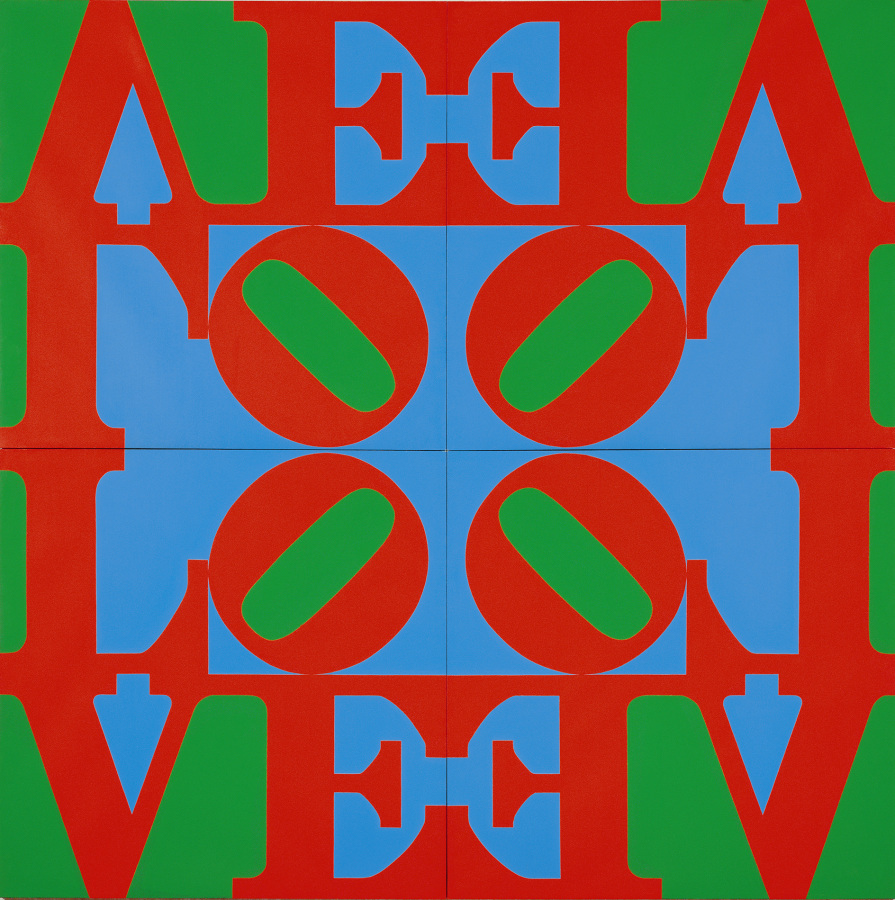 LOVE Wall is 120 1/2 inch square painting consisting of four identical panels, each with a red letter L and a red tilted letter O over the red letters V and E, against a blue and green ground. The panels are arranged so that the Os are in the center, facing inward.