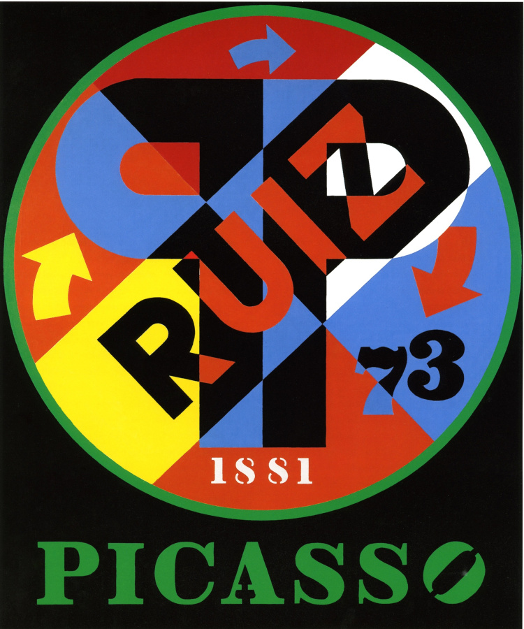 A painting with a black ground and the word Picasso painted in green letters across the bottom of the canvas. Above, and occupying most of the canvas, is a circle with a green outline. Dominating the circle are two blue and black large letter "P"s, back to back. In a diagonal band across the circle and over the Ps is the name "Ruiz,"painted in black and red letters. The date 1881 is painted in white numbers at the bottom of the circle, and to the right is the date 73 in blue and black numbers, with a red arrow above it. A yellow arrow appears in the middle left side of the circle, and a blue arrow at the top of the circle. 