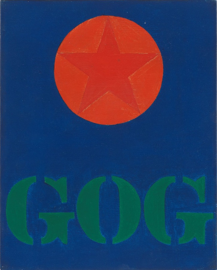 A blue canvas with a red orb containing a red star in the upper half, and the painting's title, Gog, in green stenciled letters in the lower half