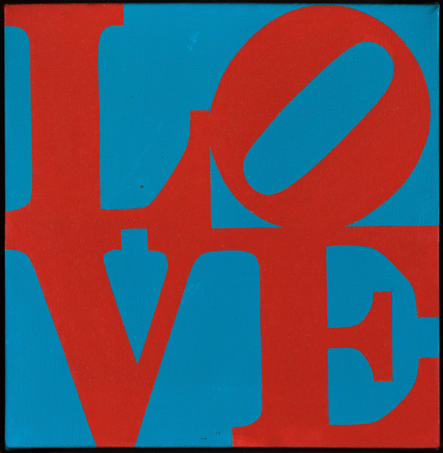 A square painting with the red letters L and a tilted O stacked above the letters V and E, against a blue background.