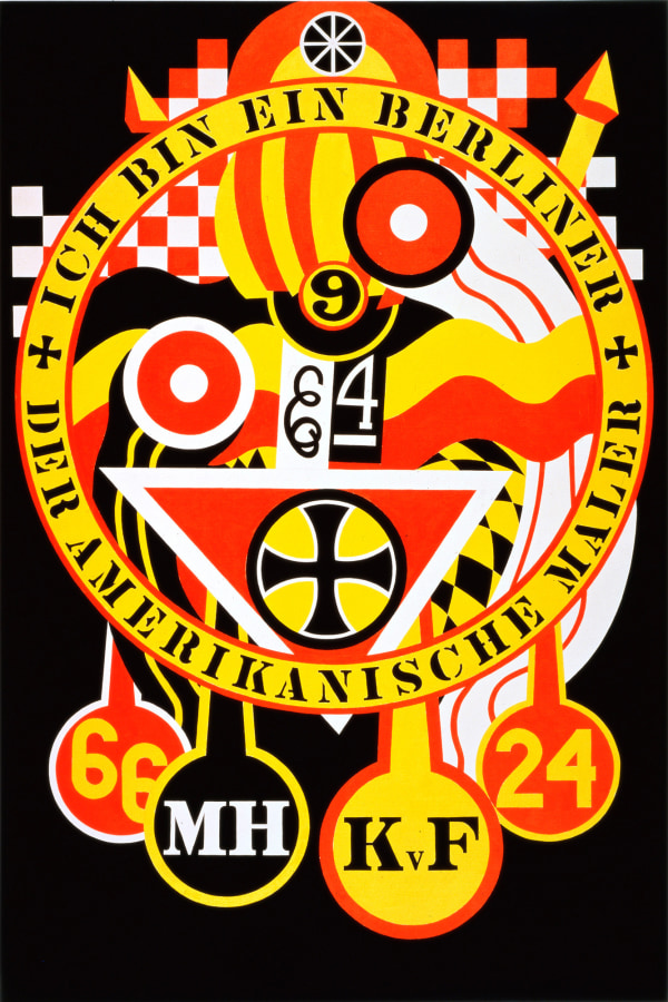 A black, yellow, red, and white painting with a circle surrounded by a yellow ring with text dominating the upper two thirds of the canvas. In the upper half of the ring "Ich bin ein Berliner" has been painted in black stenciled letters, and in the lower half "Der Amerikansiche Maler." Within the circle is a black iron cross in a yellow circle in a red triangle with a white outline, as well as other World War I motifs and references to the soldier Karl von Freyburg, including a black numeral 9 in a yellow circle. More motifs and references appear in the bottom third of the painting, including, from left to right, a yellow number 66 in a red circle, the white initials MH in a black circle, the black initials KvF in a yellow circle, and the yellow number 24 in a red circle.