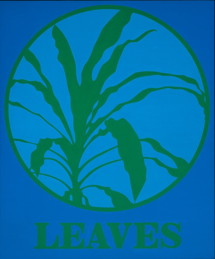A blue canvas with the title, "Leaves," painted in green stenciled letters along the center bottom of the canvas. Above it is a light blue circle with a green outline, and the leaves of a green plant painted in the center.