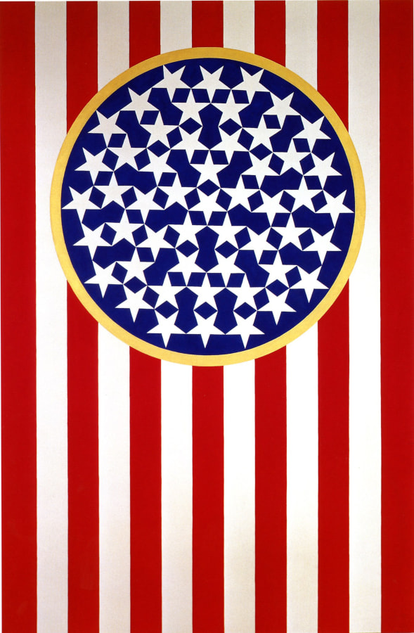 New Glory Banner is a 91 1/2 by 60 inch painting depicting a stylized version of the American flag. The ground of the painting consists of 13 red and white stripes of the flag. in the upper center half of the painting is a blue circle with a gold outer band, containing 51 white stars.